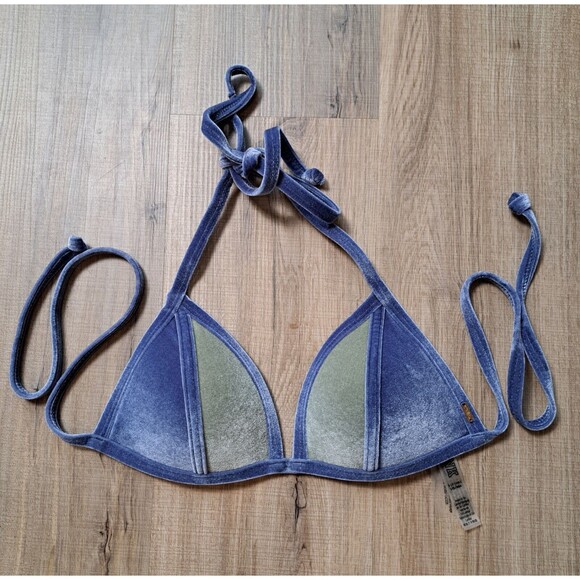 Victoria's Secret Pink Size S Bikini Top Blue Suede Color Block Cute - Picture 3 of 7